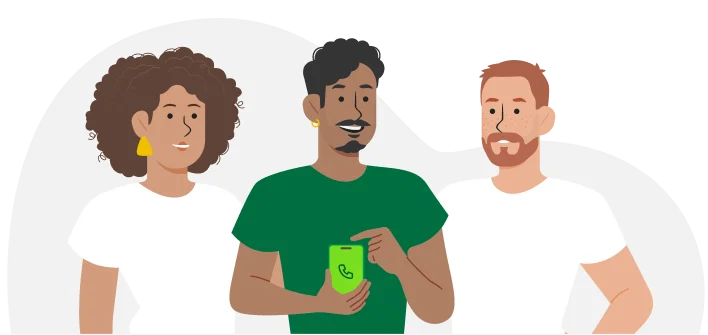 Ilustração de três pessoas, em frente a fundo claro com formas abstratas. Uma usa camiseta branca e tem cabelo cacheado; outra, camiseta verde e segura um celular; a terceira, camiseta branca e cabelo curto.